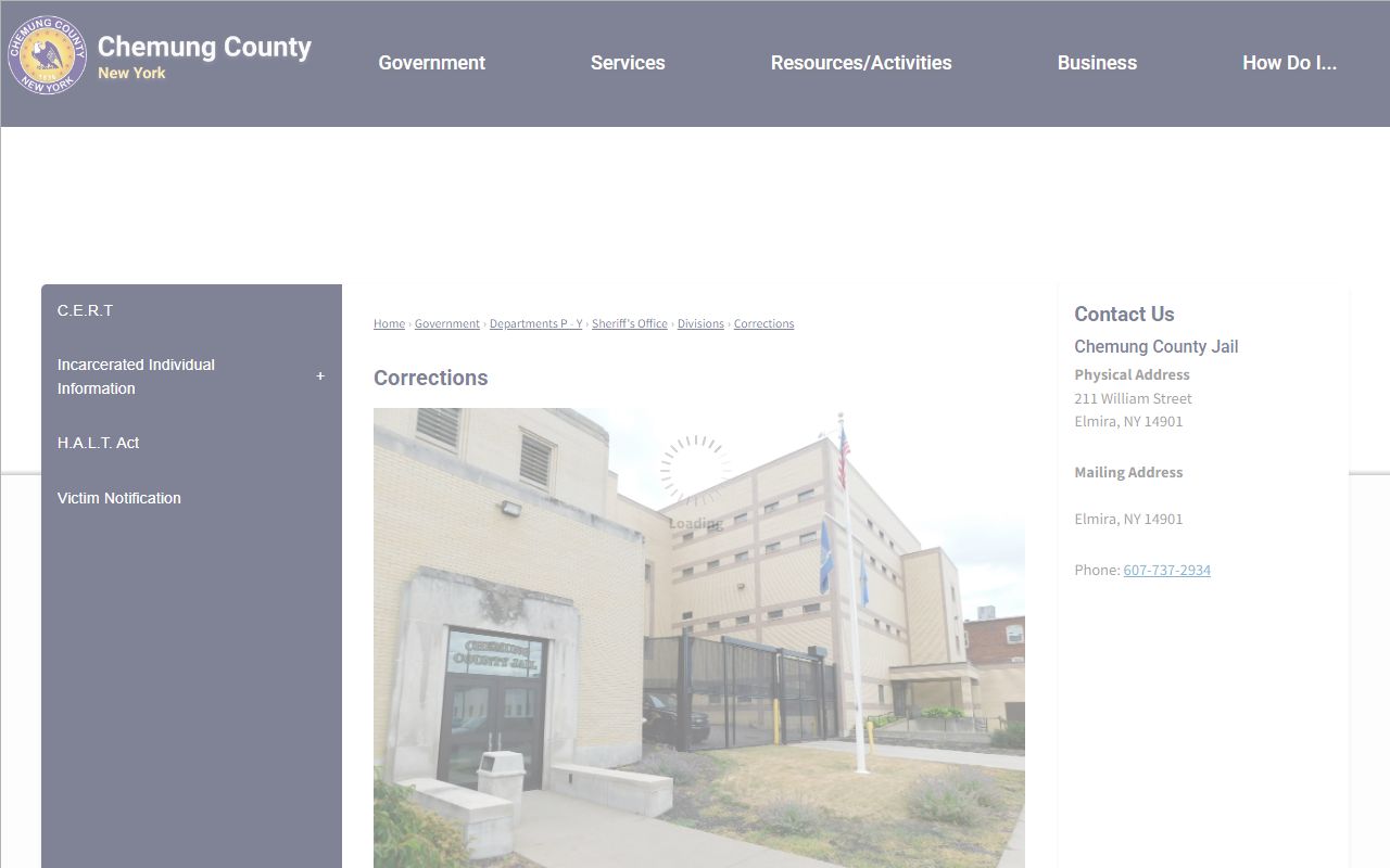 Chemung County Corrections Division page with jail address and capacity details