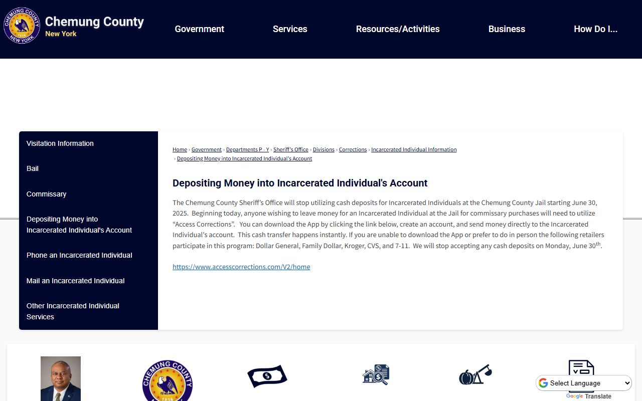 Chemung County Jail deposit page showing Access Corrections instructions