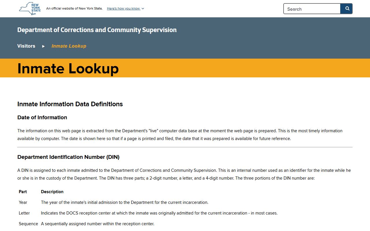 DOCCS profile field definitions for incarcerated lookup records